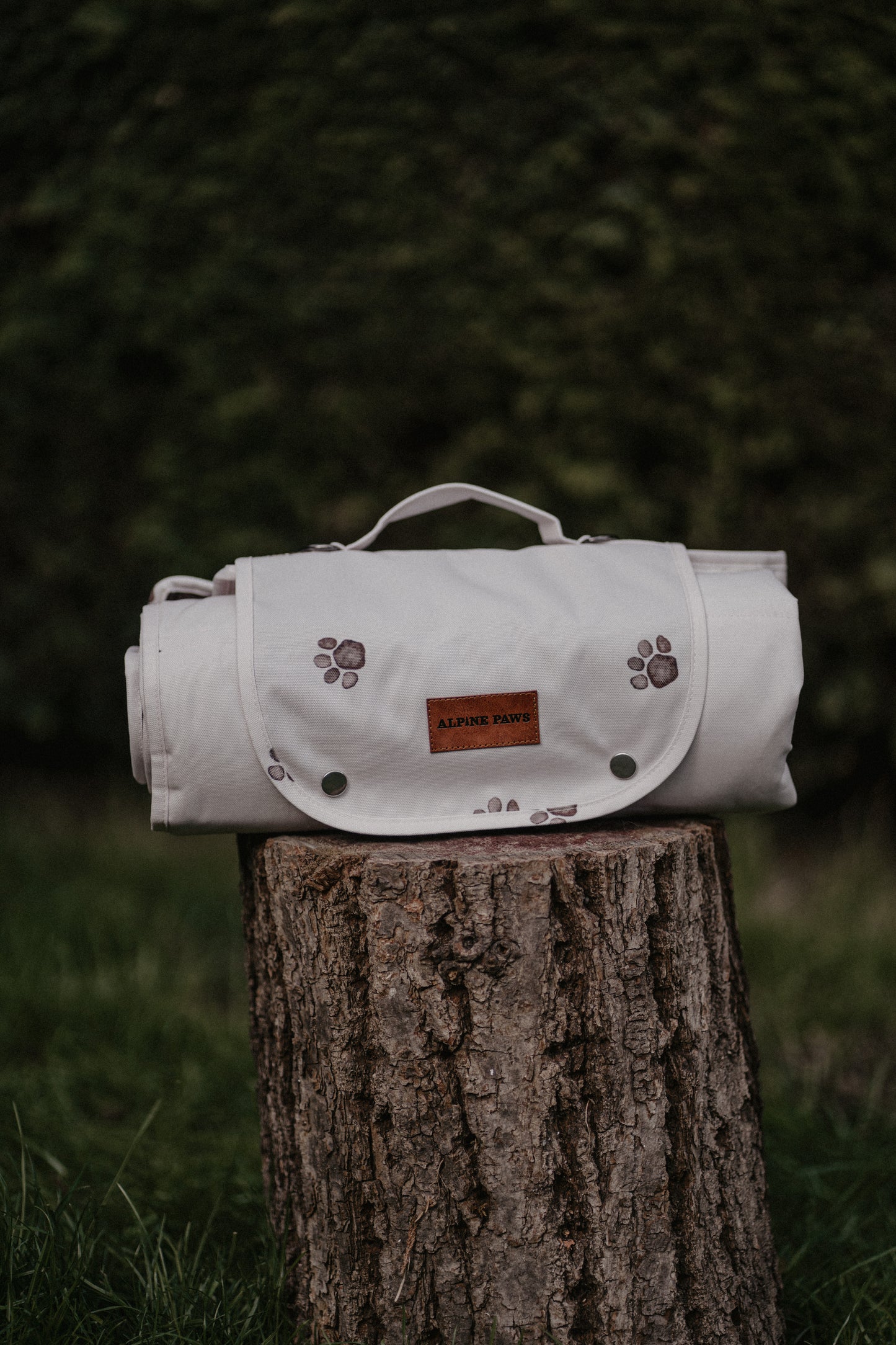 White pet travel mat with paw prints on a tree stump against a green background
