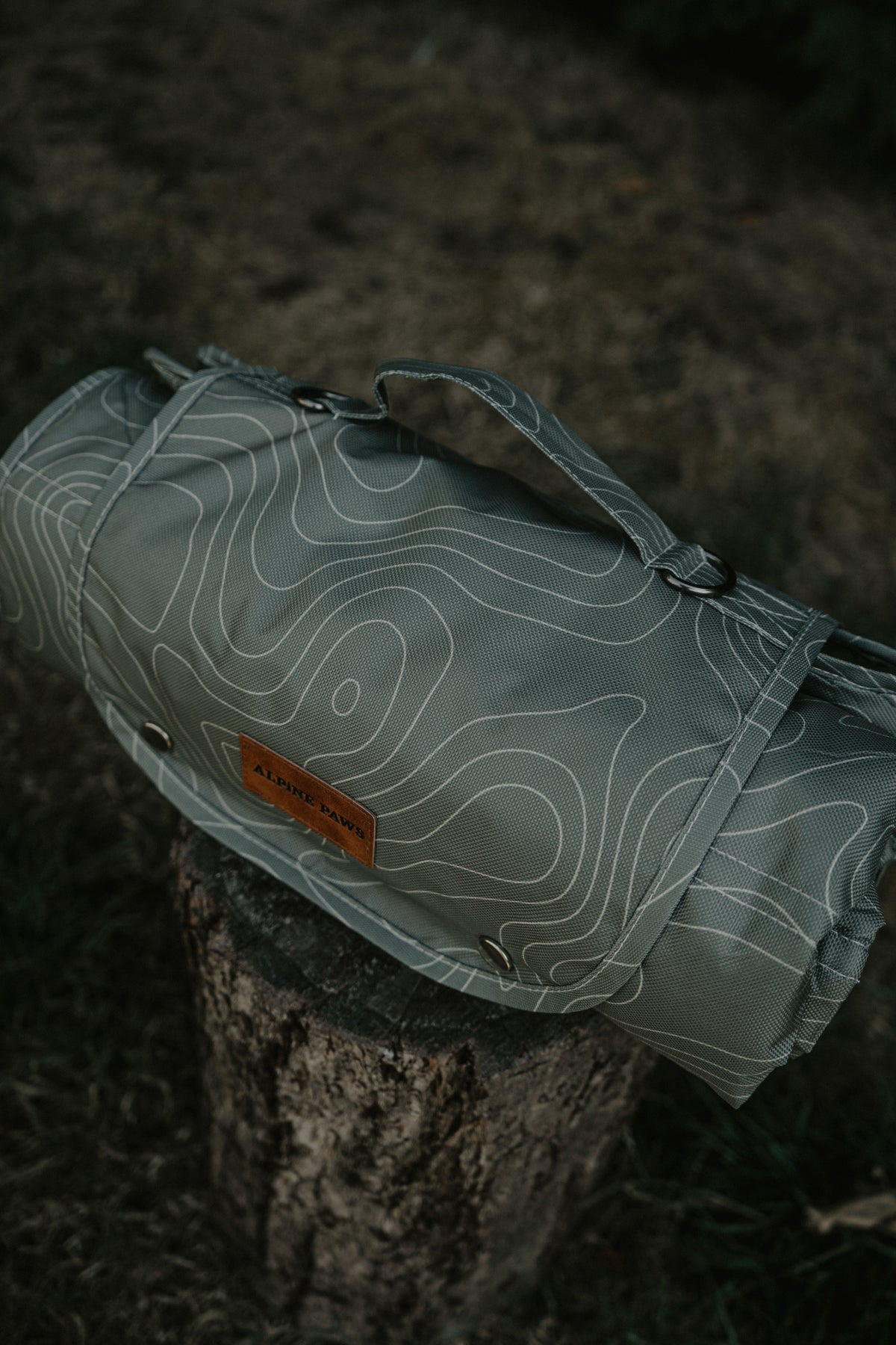 A green topographic-patterned camping mat with an leather brand patch, resting on a tree stump in an outdoor forest setting.