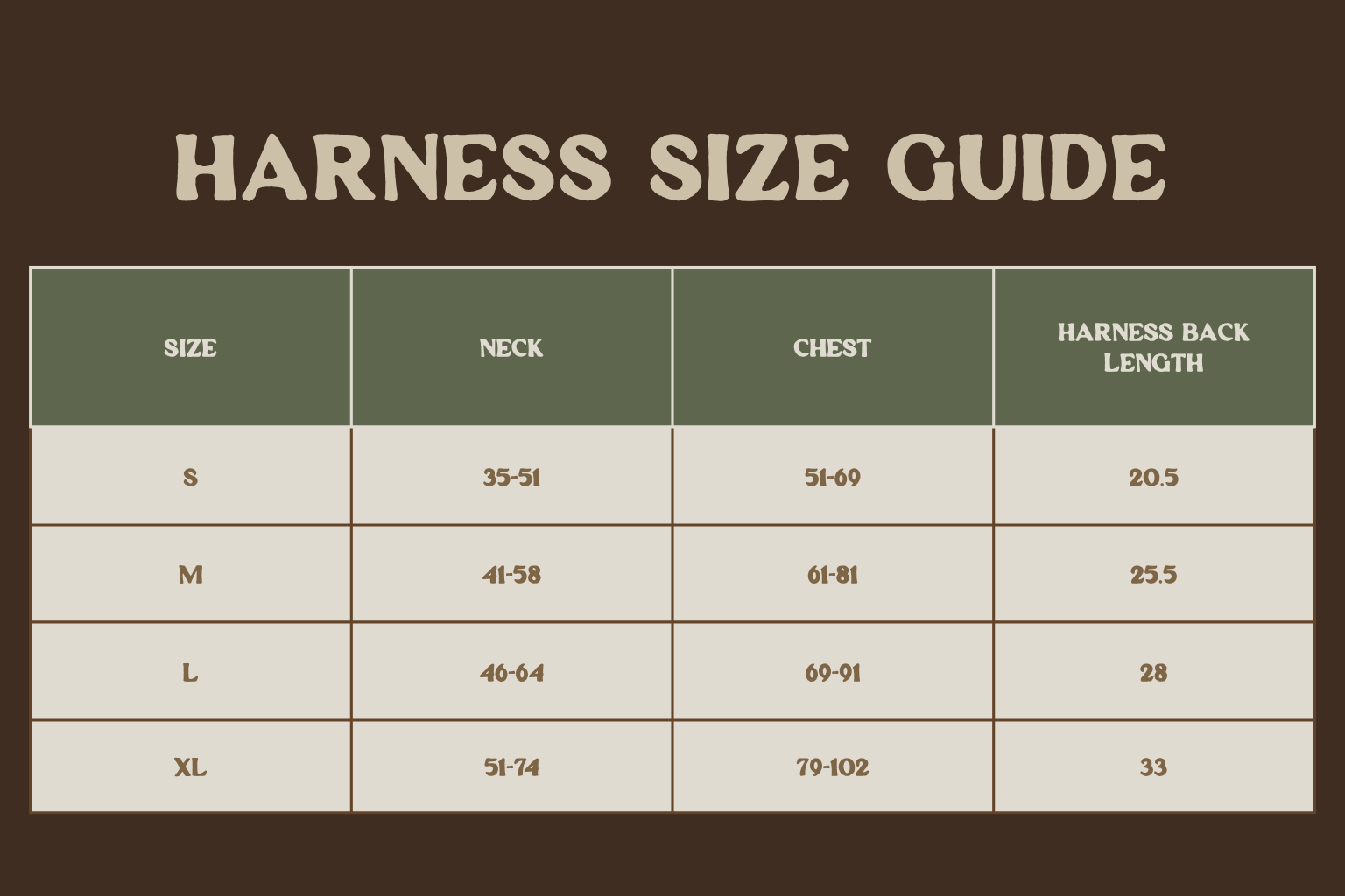 A size chart titled 'HARNESS SIZE GUIDE' with a table showing size S through XL, neck measurements, chest measurements, and harness back length in centimeters and inches.