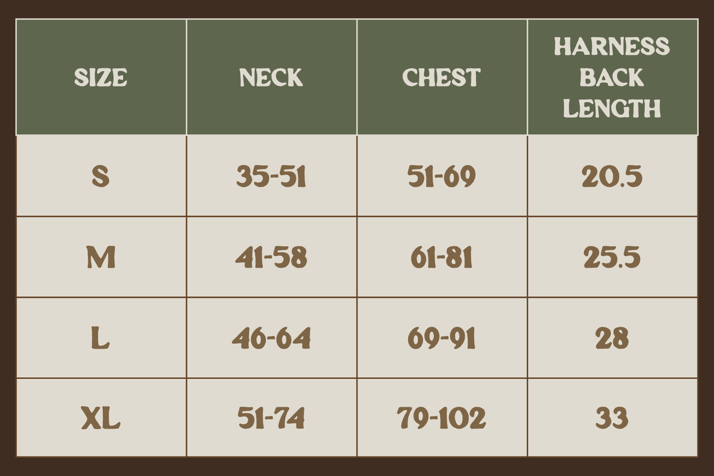 A size chart table for a harness, showing sizes S through XL with neck, chest, and harness back length measurements in a brown and beige color scheme.