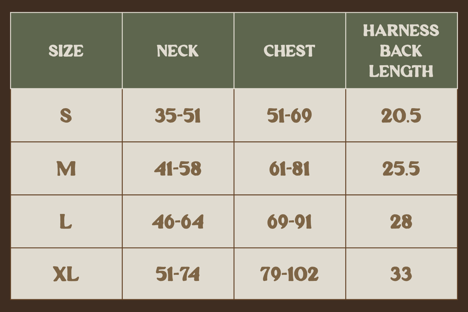 A size chart table for a harness, showing sizes S through XL with neck, chest, and harness back length measurements in a brown and beige color scheme.