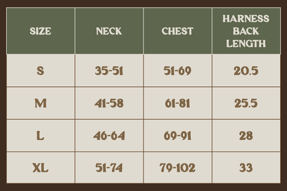 A size chart table for a harness, showing sizes S through XL with neck, chest, and harness back length measurements in a brown and beige color scheme.