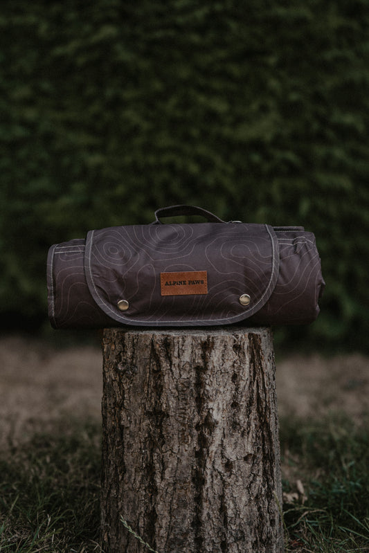 A rolled brown dog travel mat with a small brown leather brand patch reading 'alpine paws' sits on a tree stump outdoors against a blurred green hedge background.