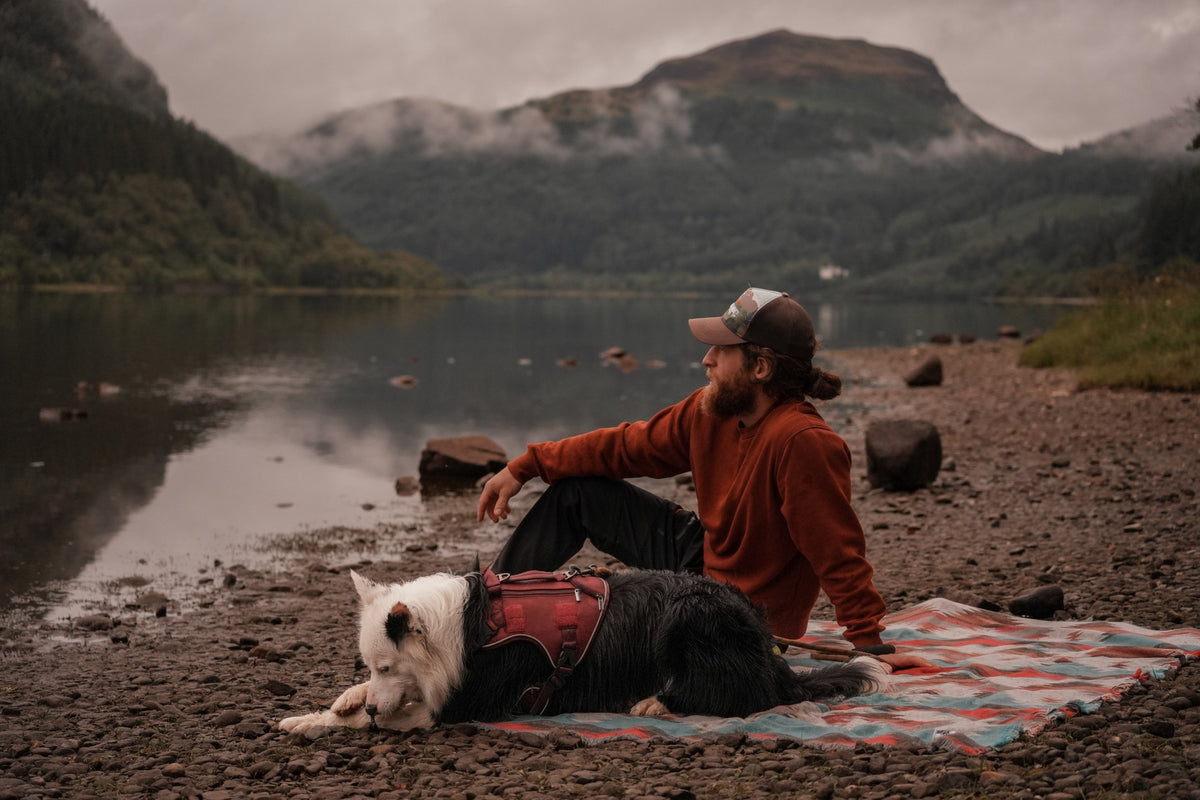 a man and a border collie sat on a grindelwald woven blanket by a lake