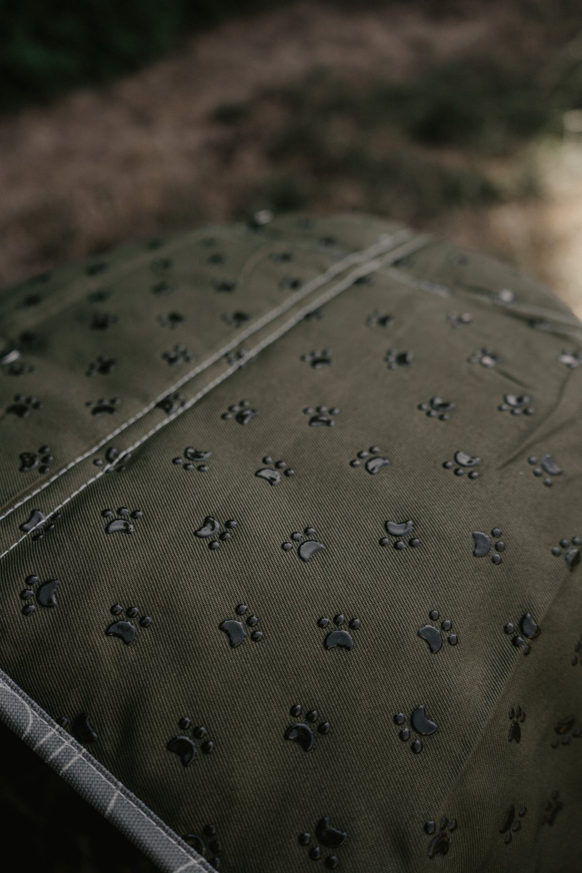 Close-up of alpine paws travel mat non slip backing, with paw prints