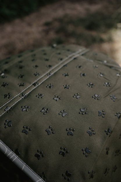 Close-up of alpine paws travel mat non slip backing, with paw prints